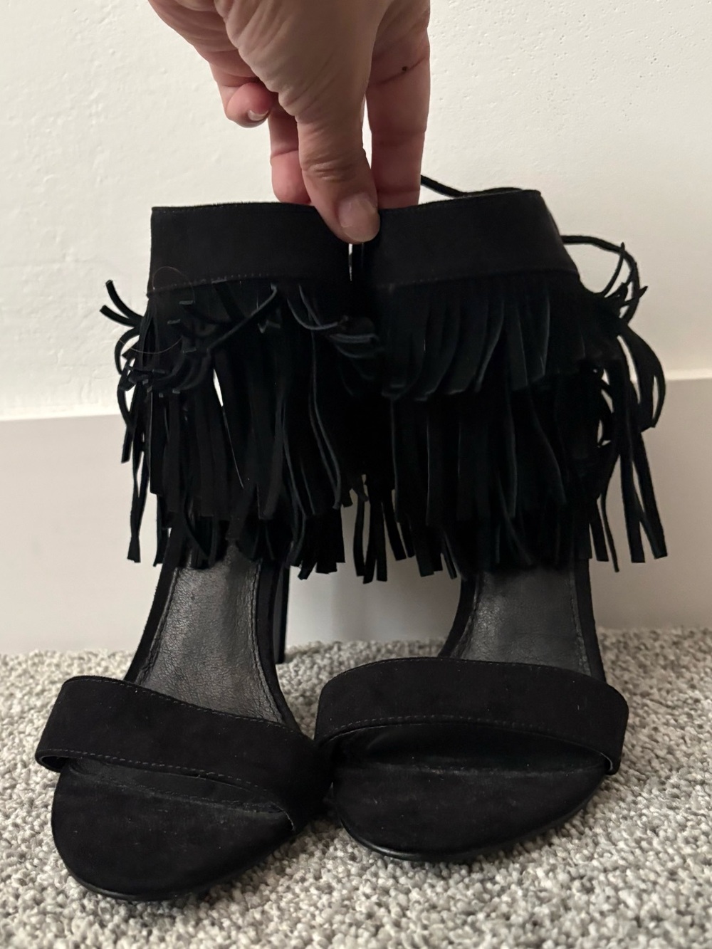 TOPSHOP Black Suede Fringe Heels